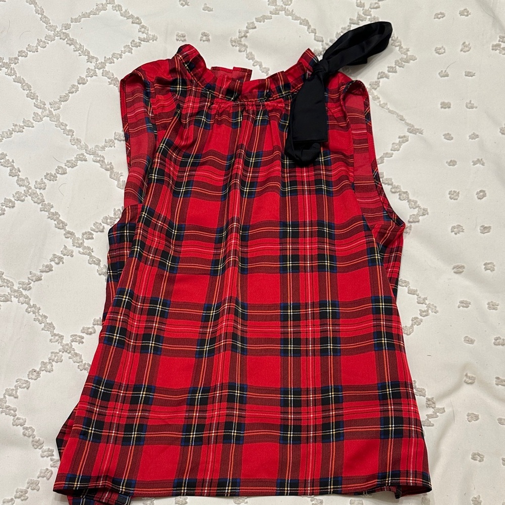 J. Crew Red and Black Plaid Sleeveless top with Bow Medium holiday party shirt
